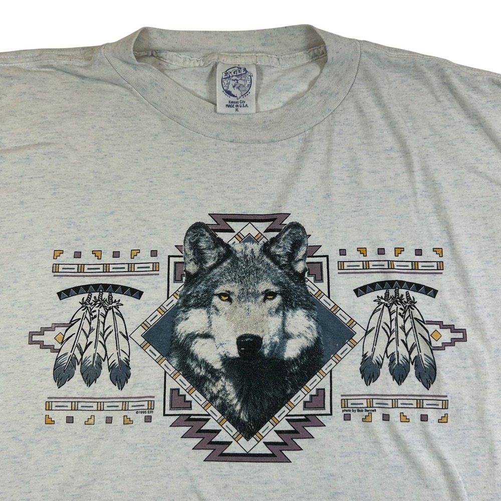 Vintage 1995 Eagle Wolf Graphic T-Shirt Gray XL USA Southwestern Bob Bennett